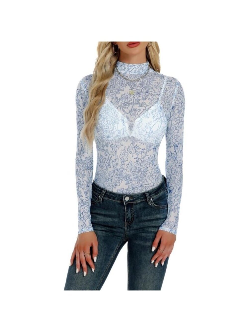 Women Blue Floral Long Sleeve Mock Neck Fitted Sexy See Through Mesh Tops